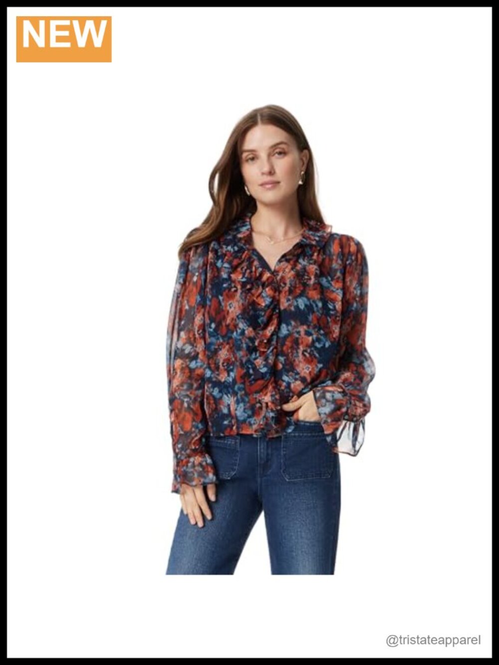 Ruffled Long Sleeve Button Front Peasant Blouse Navy Floral
